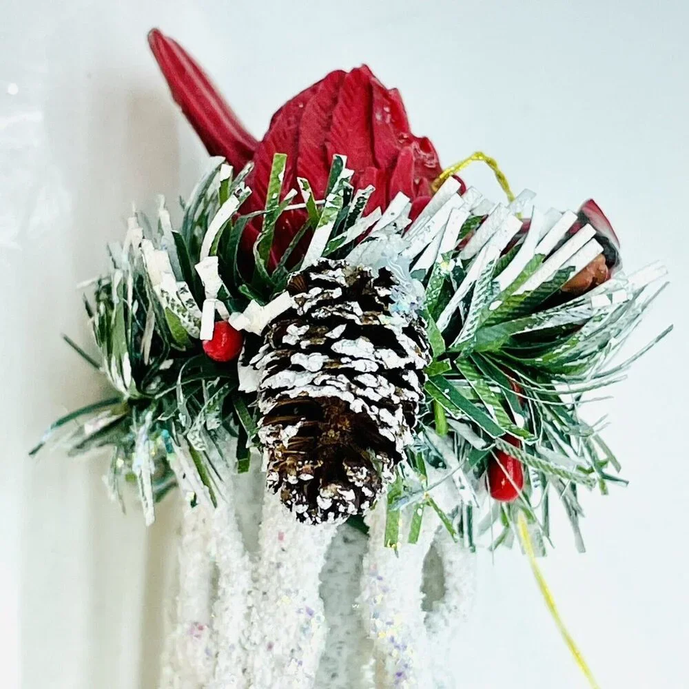 Vintage Christmas Ornament Cardinal In Pine Nest On White Glittered Icicle 6